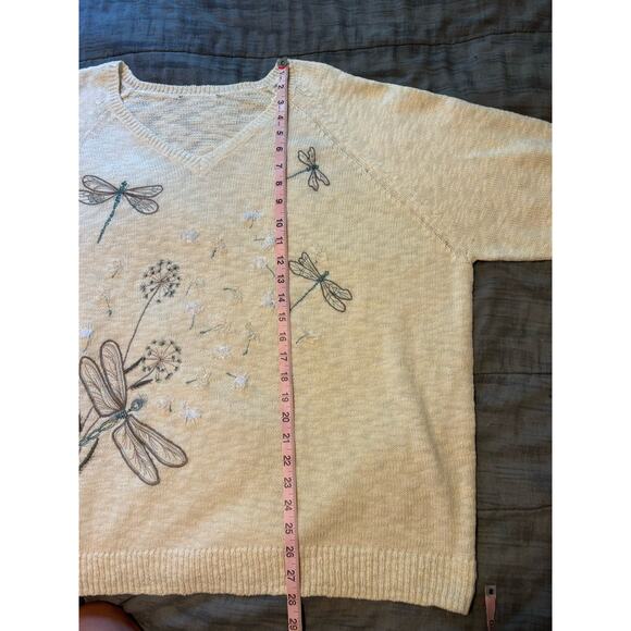 Coldwater Creek Ivory White Wings Wishes Sweater Dragonfly Dandelions XL - Picture 7 of 9
